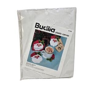 Vtg Bucilla Plastic Canvas SANTA FACE COASTER Set of 6 Plus Holder Kit 61169